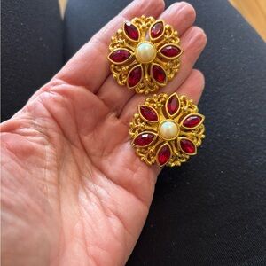 Vintage Avon Gold Tone with Red Floral and Faux Pearl Earrings.